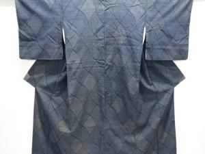 アンティーク　よろけ格子模様織り出し手織り紬着物